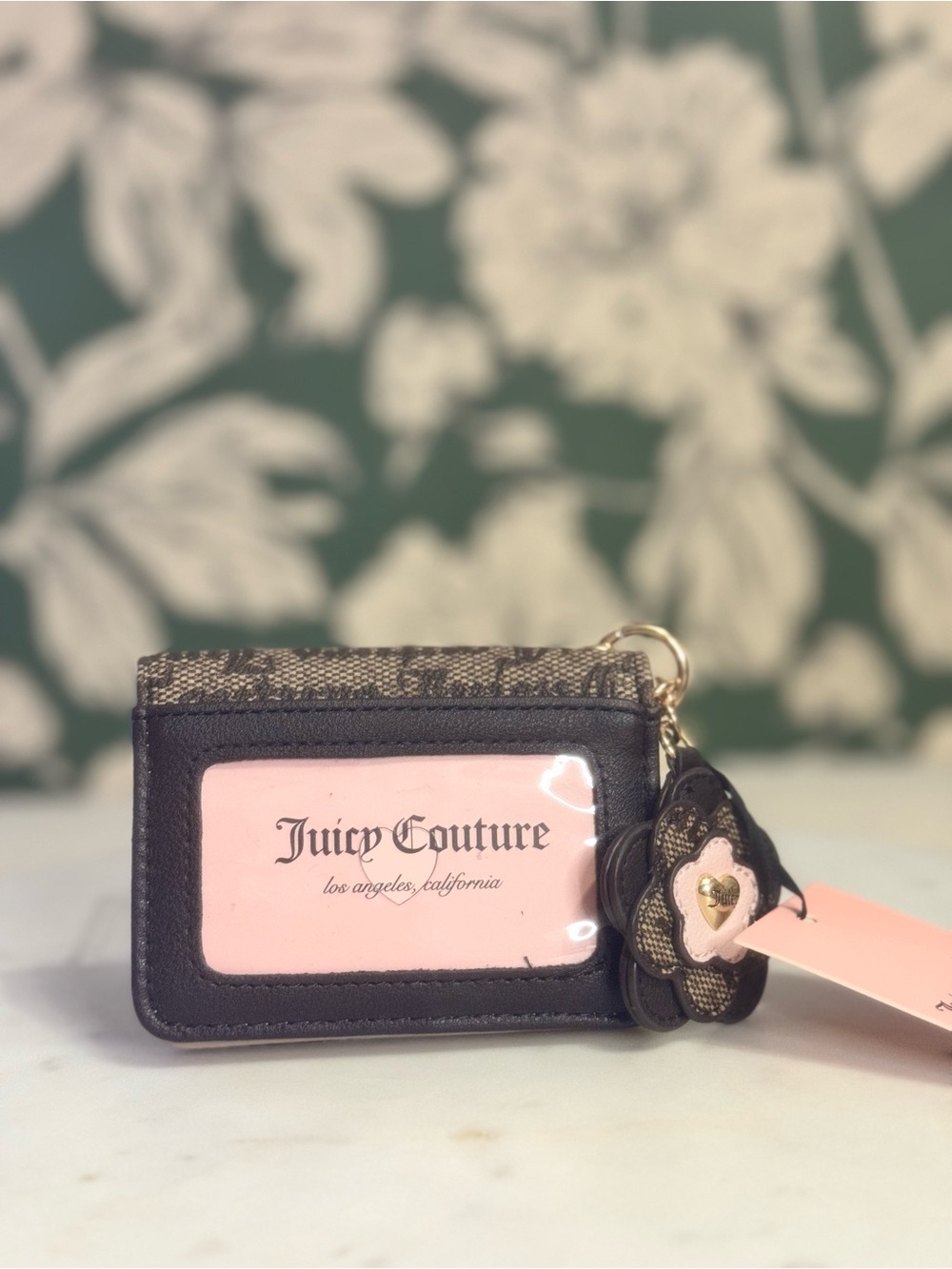 Juicy Couture Monogram Card Holder with Flower Charm - Brown & Pink NWT - Picture 3 of 4